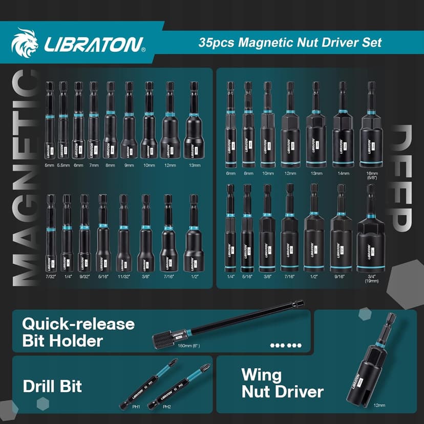 LIBRATON Magnetic Nut Driver Set, 35PCs Impact Driver Bit Set, Deep Nut Driver Set, Metric & SAE Nut Driver for Impact Drill, Wing Nut Driver, Quick-release Bit Holder, Drill Bit PH1 PH2, with Toolbox
