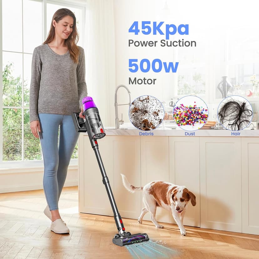 Cordless Vacuum Cleaner 500W/45Kpa, 3 Ambient Colors Power Modes with 60 Mins Max Runtime Vacuum, Powerful Suction Rechargeable Handheld Stick Vacuum for Home, Hard Floor, Carpet, Pet Hair, Shutters