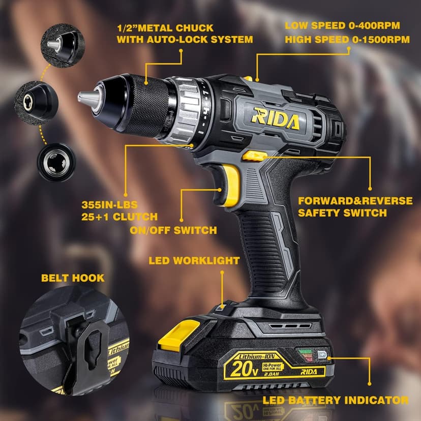 RIDA Cordless Drill Power Drill Cordless 20V 1/2'' Keyless Metal Chuck 355 In-lb(40N.m) Torque with 2.0AH Li-ion Battery & Fast Charger, Variable Speed, 25+1 Position and 22pcs Bits