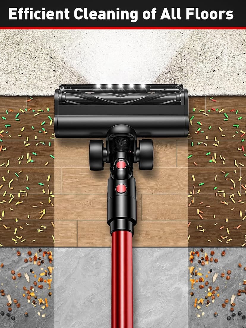 Cordless Vacuum Cleaner, 8-in-1 Vacuum Cleaners for Home, 45Mins Runtime, Anti-Tangle Stick Vacuum with LED Display, Rechargeable Lightweight Vacuum for Pet Hair/Carpet/Floor (Red)