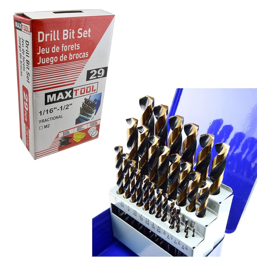 MaxTool Twist Drill Bit Set 29PCs 5% Cobalt HSS M35 Jobber Length Fully Ground for Hardened Steel Metal Cast Iron etc 1/16“ to 1/2”; JBS35G10R029