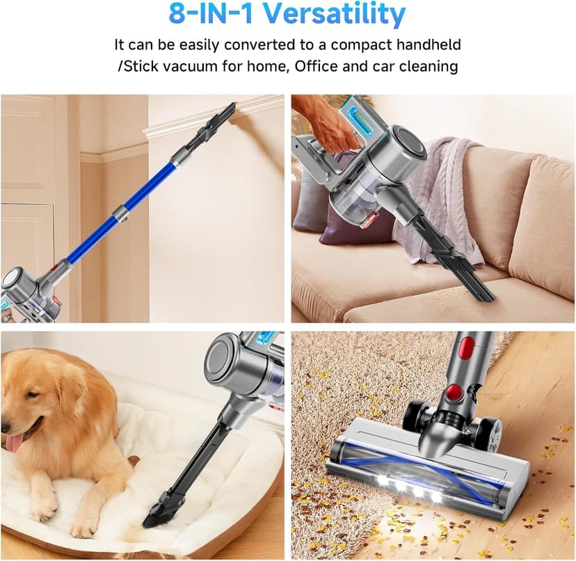 Cordless Vacuum Cleaner, 8 in 1 Powerful Stick Vacuum with 45min Runtime, Anti-Tangle Vacuum Cleaners for Home, Lightweight Handheld Wireless Vacuum for Hardwood Floor Carpet pet Hair, Blue