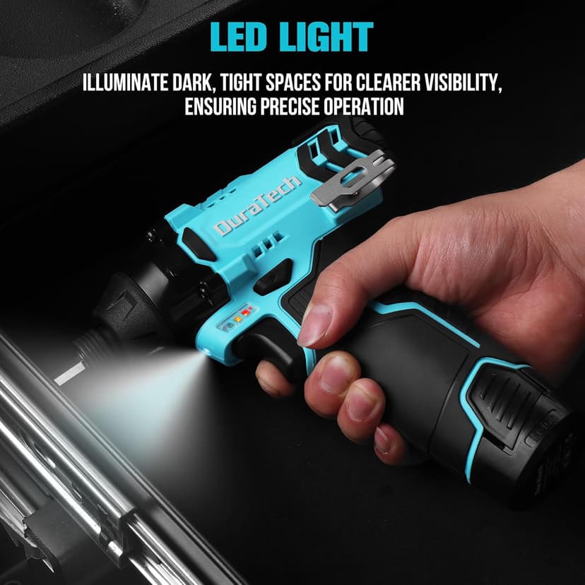 DURATECH 12V Cordless Impact Driver, 1/4” Electric Impact Driver with 11pcs Screwdriver Bits, 3pcs Nut-driver Bits, Variable Speed(0-2400RPM), LED Light, Tool Bag, Battery and Charger Included