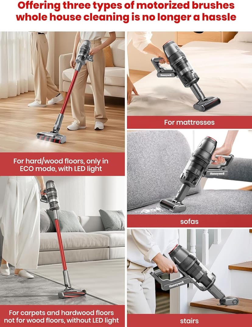 Honeywell Smart Cordless Vacuum Cleaner w/Automatic Adjustment, 10-in-1 Lightweight Stick Vacuum with 3000mAh Battery 70Mins Runtime, Rechargeable Cordless Vacuum for Pet Hair/Carpet/All Floor, VC14