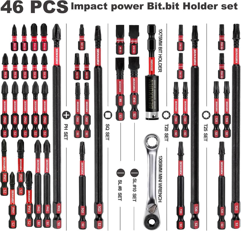 Impact Tough Magnetic Mixed 46Pack Insert Driver Bits, S2 Alloy Steel Screwdriver Power Bits Set with 1Pcs Impact Magnetic Bit Holder and Mini Wrench