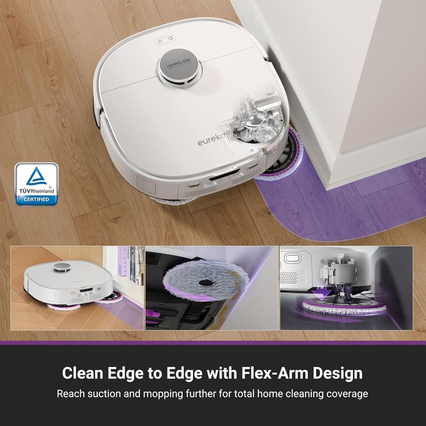 Eureka J15 Pro Ultra Robot Vacuum and Mop with Self Emptying Base, 16,200 Pa Suction, Flex-Arm Design Mop, Auto Mop Hot Water Washing & Hot Air Drying, Anti-Tangle, AI Obstacle Avoidance, White