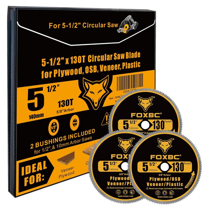 FOXBC 5-1/2-Inch 130 Tooth Plywood, Veneer, OSB, Plastic Cutting Circular Saw Blade with 5/8 Inch Arbor, with 1/2" 3/8" Bushing - 3 Pack