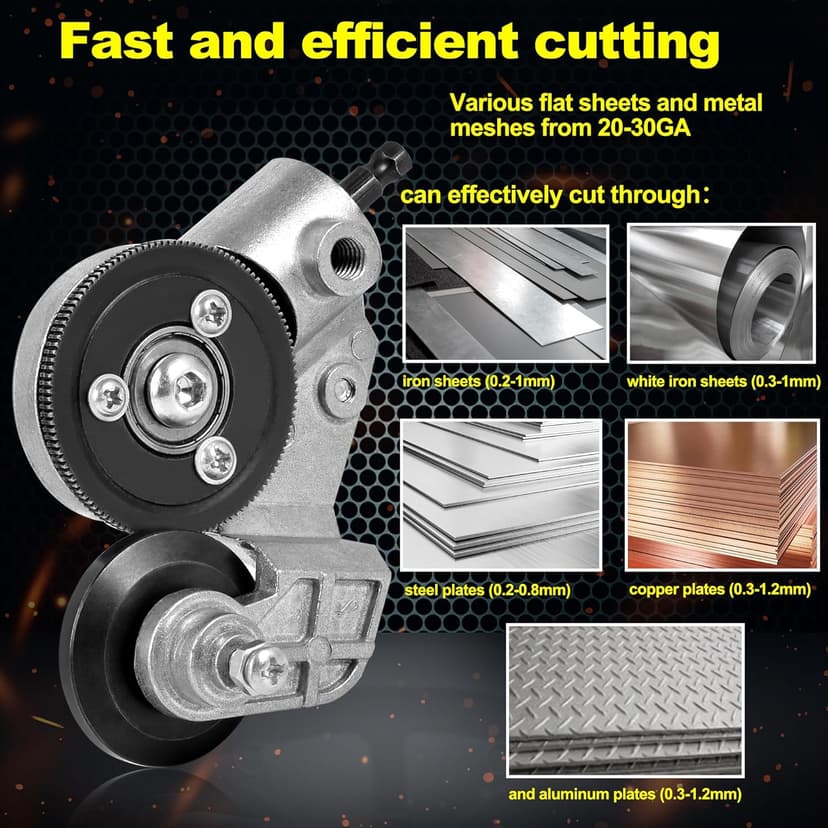 Upgraded Electric Drill Plate Cutter - Efficiently shears flat sheet metal, Metal Cutting Attachment with Adapter - Cuts 20-30GA sizes of Iron, Steel, Tin, Aluminum, and cardboard up to 3MM