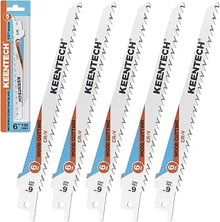 KEENTECH 6 Inch Cr-V Reciprocating Saw Blade 5-Pack for Cutting Wood, Engineered Wood, PVC Piping, Drywall, 6 TPI Fleam Ground Teeth, Compatible with Milwaukee Sawzall and Other Reciprocating Saws