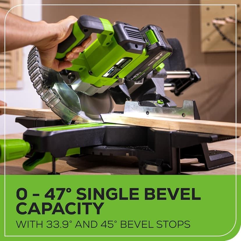 Greenworks 24V Brushless 7-1/4" Sliding Compound Miter Saw Kit, 4800RPM, Single Bevel 0-47°, LED Cut Line, Dust Collection, 4.0Ah Battery & Charger Included