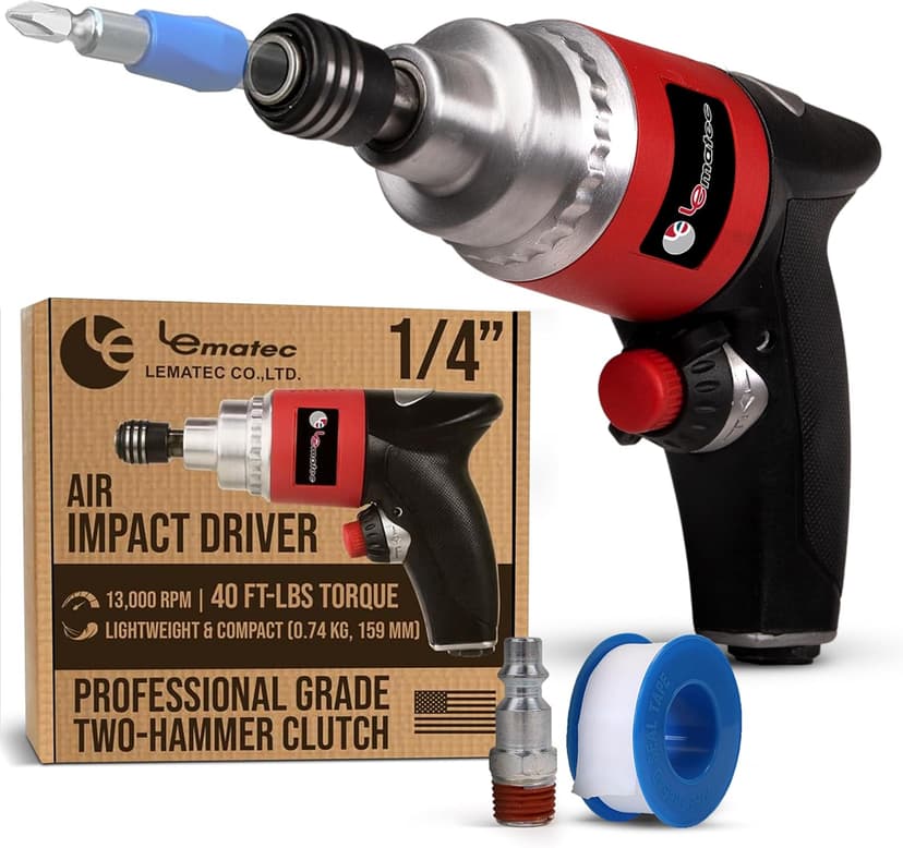 LE LEMATEC Professional Air Impact Driver - 13000 RPM Pneumatic Wrench with Twin Hammer, 40 ft-lb Torque, 1/4" NPT Compact Gun for Automotive, Furniture & Woodworking (LE-ID413)