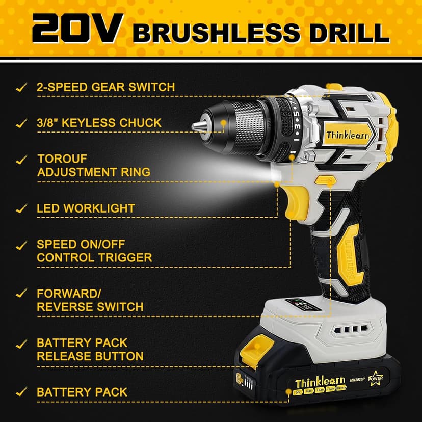 20V Brushless Drill Set, Cordless Power Drill with 2.0Ah Battery,119 PCS Combo Tool Kit for Men, 10mm 3/8" Keyless Chuck, 21+1 Torque Setting Power Tool Set for DIY Garden House Office Repair