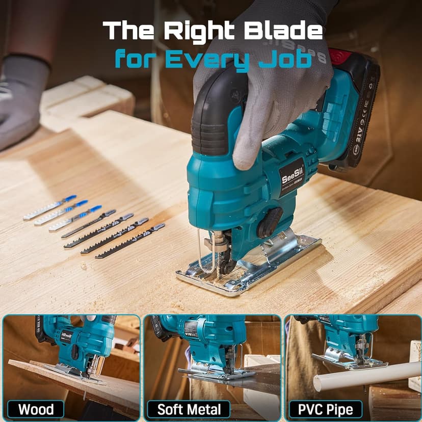 SEESII Cordless Jig Saw 21V, Electric Jigsaw Tool with 2× 2.0Ah Batteries, 2800RPM Variable Speed for Wood Cutting, 0°-45° Bevel Cuts, LED Light, 4 Orbital Settings for Straight/Curve/Circle Cutting
