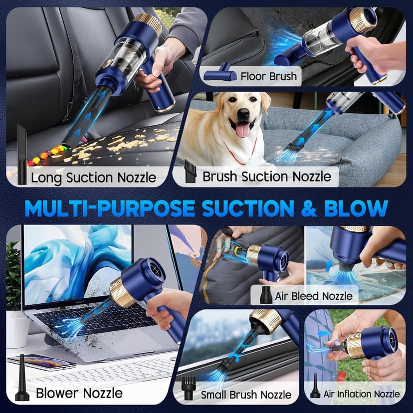 JONYJ Handheld Car Vacuum Cleaner, 16000PA Hand Held Vacuum Portable Cordless, 2 in 1 Air Duster and Vacuum Cleaner with LED Light, Multi-Nozzles, 120W High Power Mini Vacuum for Home, Pet, Office