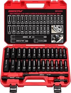 29-Piece 1/2" Drive Impact Socket Set, SAE (3/8 to 1 inch) and Metric (10-24mm) Sizes with Extension Bars Standard Deep Socket Set CR-V Material High Durability Impact Wrench