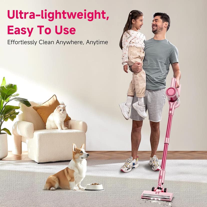 Cordless Vacuum Cleaner,55Mins/Powerful Vacuum Cleaners for Home,Stick Vacuums with 8 in 1,Touch Screen,LED Headlights, Anti-Tangle,Rechargeable,Lightweight for Carpet,Hard Floor, Pet Hair,Pink