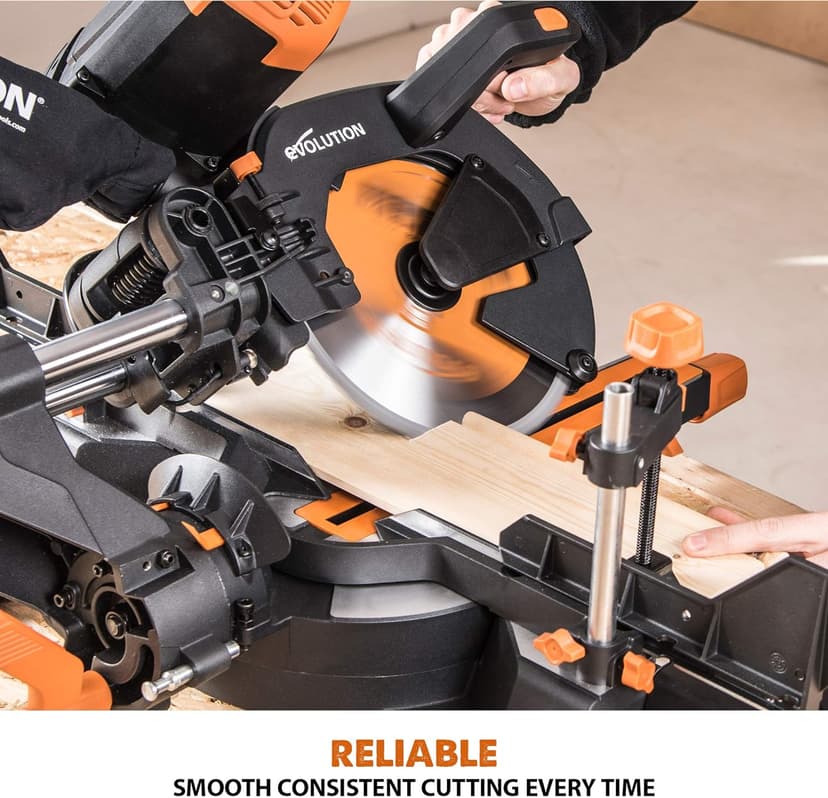 Evolution Power Tools R255SMS-DB+ 10-Inch Dual Bevel Sliding Miter Saw Multi-Material, Multipurpose Cutting Cuts Metal, Plastic, Wood 45˚-45˚ Double Bevel & 50˚-50˚ Miter TCT Blade Included
