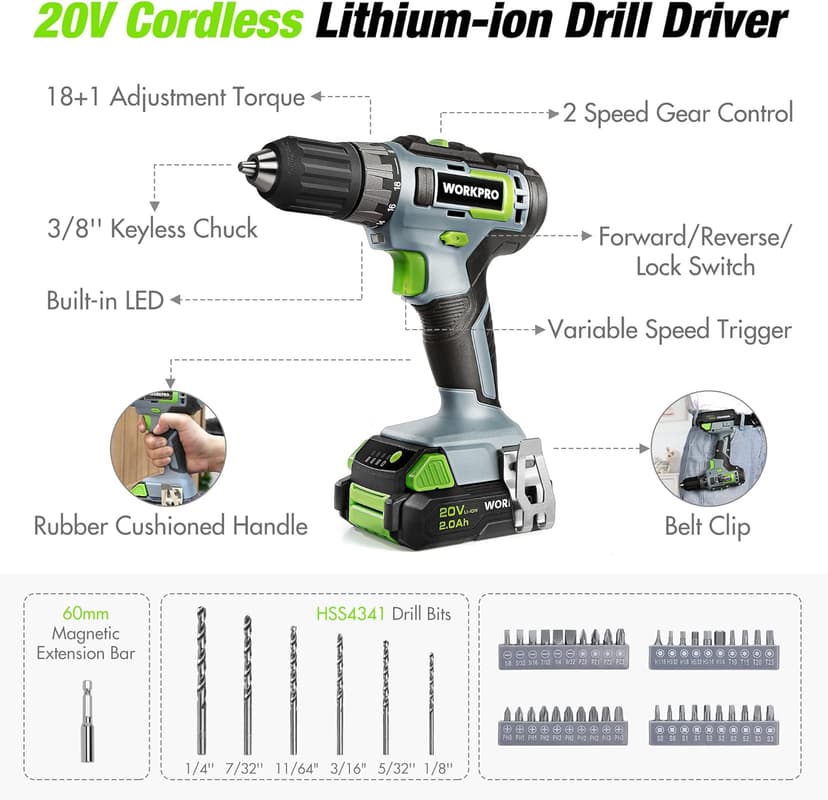 WORKPRO Home Tool Set With 20V Cordless Lithium-ion Drill Driver, 157PCS All-Purpose Kit, Power Drill Combo With Tool Bag