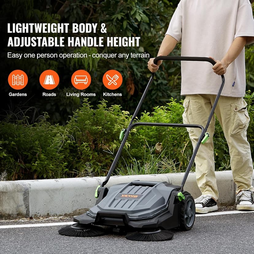 VEVOR Walk-Behind Hand Push Floor Sweeper, 25.6" Sweeping Width Floor Sweeper Manual Non-Electric, 5-Gallon Waste Container, Angle & Height Adjustable Folding Handle for Walkway, Yard, Garage, Patio
