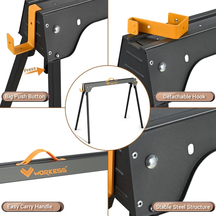 Saw Horses 2 Pack, Heavy Duty Folding Portable Saw Horses Table 2200 Lbs Load Capacity with 2x4 Support Legs, Fast Open Legs and Easy Grip Handle for Woodworking.