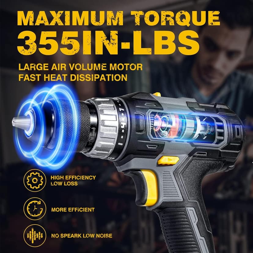 RIDA Cordless Drill Power Drill Cordless 20V 1/2'' Keyless Metal Chuck 355 In-lb(40N.m) Torque with 2.0AH Li-ion Battery & Fast Charger, Variable Speed, 25+1 Position and 22pcs Bits