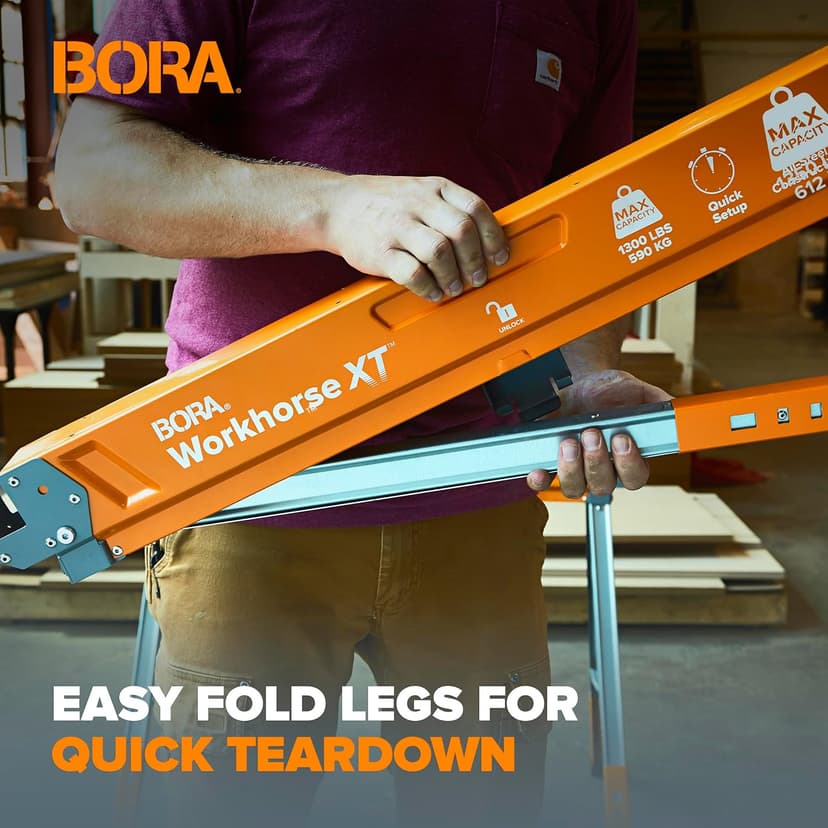 BORA Workhorse XT Saw Horses 2 Pack Folding Heavy Duty Adjustable Height Sawhorse Pair with Adjustable Legs, Heavy Duty Saw horse for Contractors Portable Workbench w/Built in Bottle opener PM-3360T