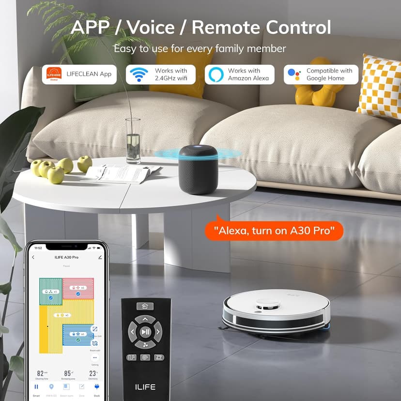 ILIFE A30 Pro Robot Vacuum and Mop, Self Emptying Station for 60 Days, 5000Pa Suction, LiDAR Navigation, No-Go Zones, 2.4G WiFi/App/Alexa/Remote Control, Roller Brush for Carpet, Hard Floors, 110V
