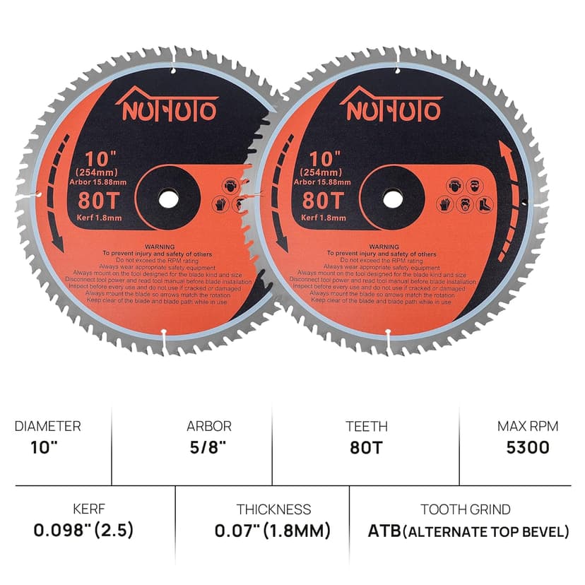 2 Pack 10" 80T Circular Saw Blade, Saw Blade Arbor Size 5/8-inch, TCT ATB for Cutting Wood, Plastic, PVC, Acrylic,by NUTTUTO