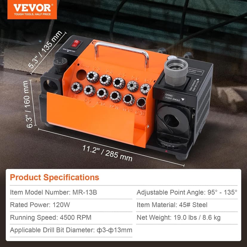 VEVOR Drill Bits Sharpener, 3-13mm Drill Bits Grinder Sharpener, Lip Relief Angle & 95°-135° Point Angle Adjustable Drill Bit Re-Sharpener, Portable Sharpening Machine with 11 Collets, CBN & SDC Wheel