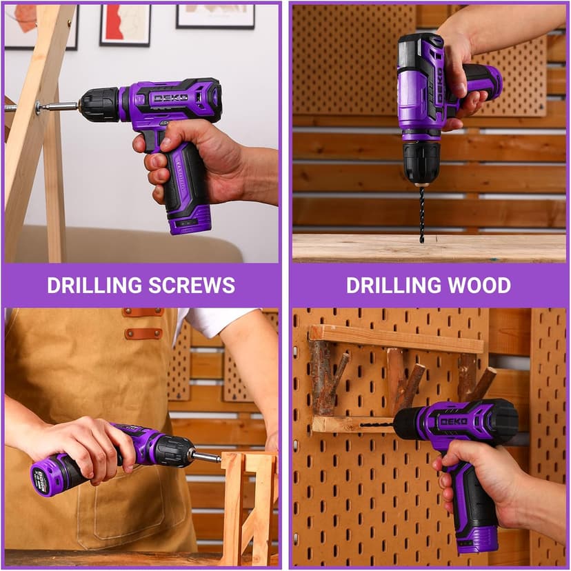 Cordless Drill：DEKOPRO 12V Power Drill Set 800RPM Electric Drills Small Drills with 3/8-inch Keyless Chuck and Portable Tool Set Gift Box (Purple)