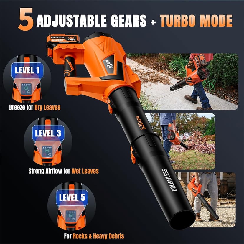 17000 RPM Cordless Leaf Blower with DECERK 7.8AH Battery - 530CFM Brushless Motor for Lawn Care, 5-Speed Turbo Electric Blower for Dust, Wet-Leaves, Car, Gutters, Lightweight Powerful Garden Tool