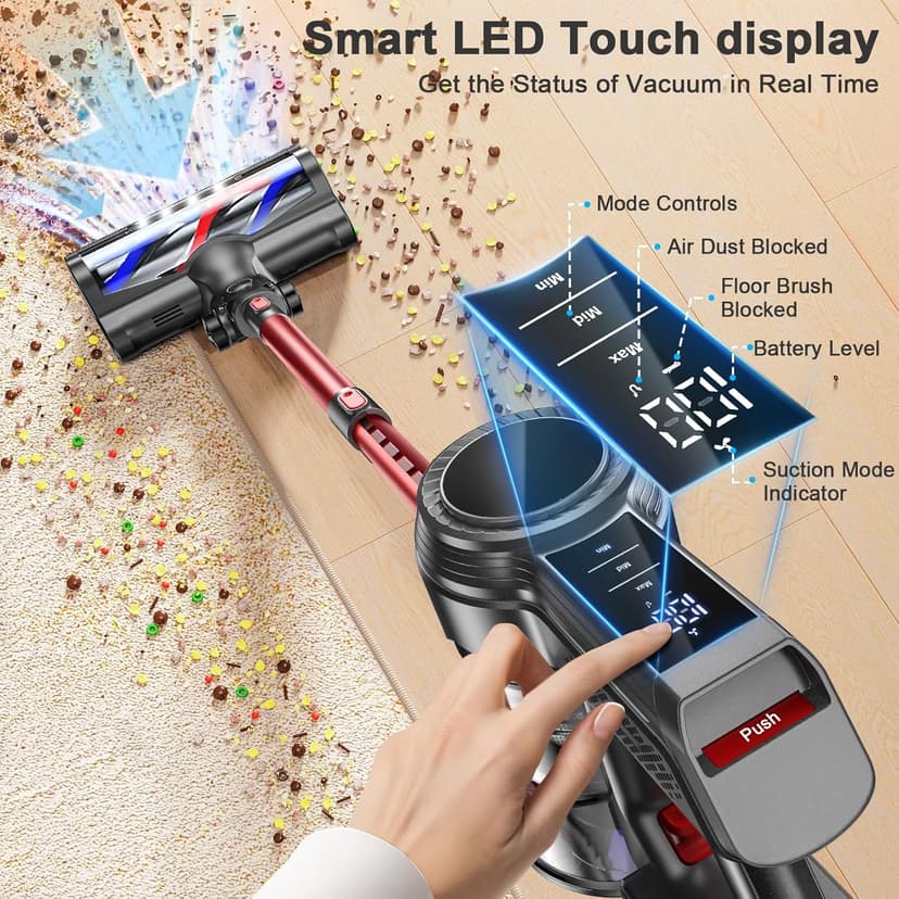 Cordless Vacuum Cleaner, 40Kpa 450W Powerful Stick Vacuum with 50Mins Runtime, Smart Display Vacuum with 1.5L Dust Cup,Vacuum Cleaners for Home with Brushless Motor for Hardwood Floor Carpet, Pet Hair
