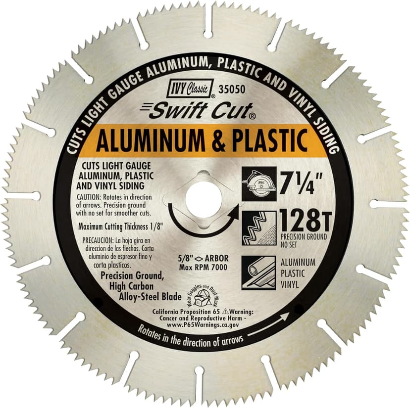 IVY Classic 35050 Swift Cut 7-1/4"128 Tooth Aluminum & Plastic Cutting Circular Saw Blade with 5/8" Diamond Knockout Arbor, 1/Card