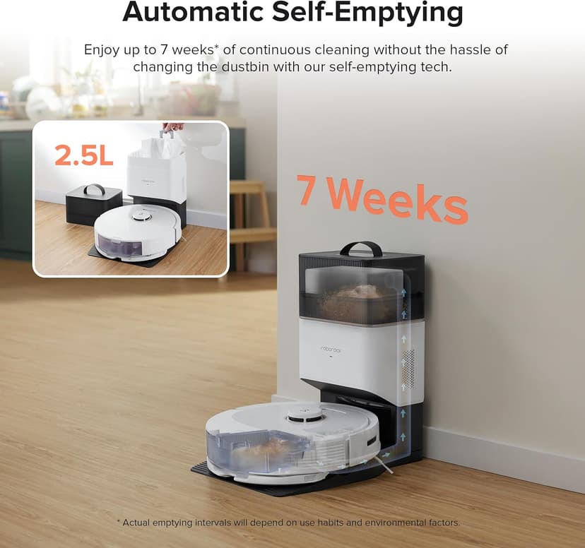 roborock Q8 Max+ Robot Vacuum and Mop, Self-Emptying, Hands-Free Cleaning for up to 7 Weeks, Reactive Tech Obstacle Avoidance, 5500 Pa Suction, DuoRoller Brush, APP-Controlled Mopping, White