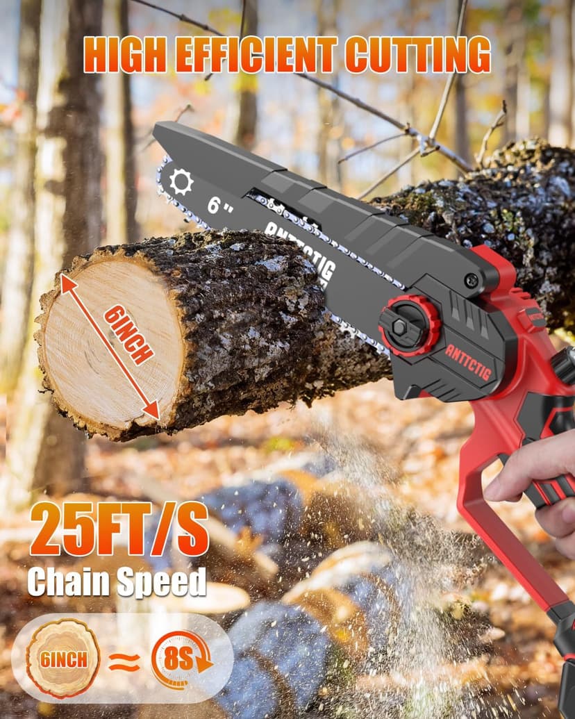 Mini Chainsaw Cordless, 6 inch Small Electric Chainsaw Battery Powered, Handheld Mini Chain Saw with 2 Batteries&2 Chains, Hand Saws for Branch Wood Cutting Tree Trimming (UPGRADED VERSION), Red