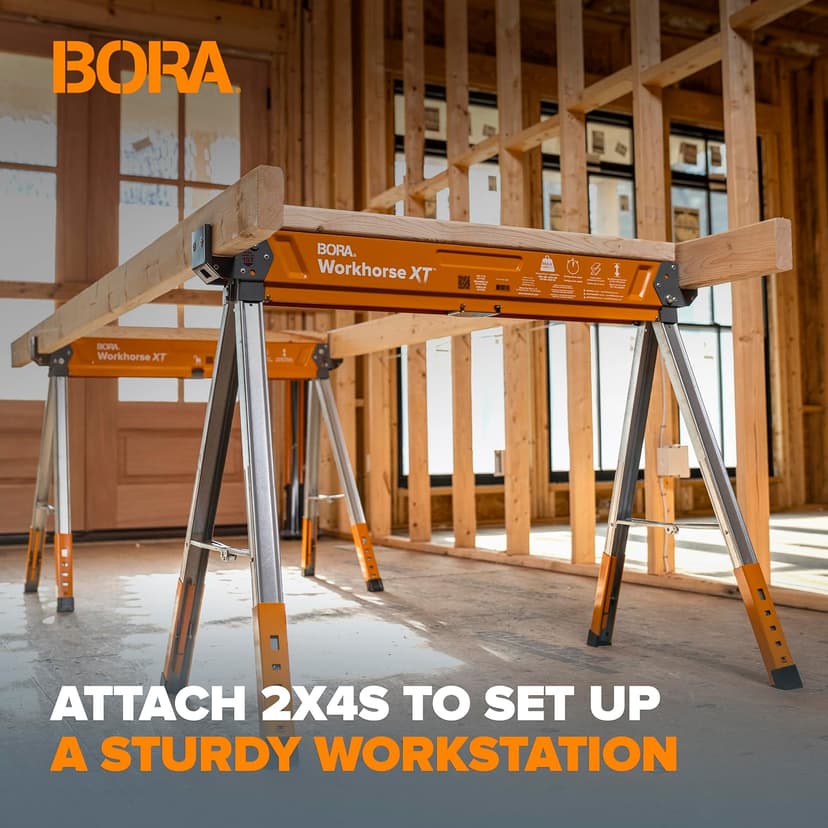 BORA Workhorse XT Saw Horses 2 Pack Folding Heavy Duty Adjustable Height Sawhorse Pair with Adjustable Legs, Heavy Duty Saw horse for Contractors Portable Workbench w/Built in Bottle opener PM-3360T