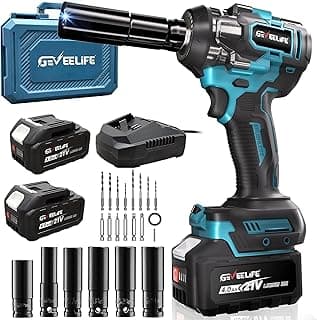 GEVEELIFE 650N.m/480Ft-lbs Brushless Impact Wrench,1/2" Cordless Impact Gun w/ 2x4.0Ah Battery & 6 Sockets, 3300RPM Power Electric Impact Driver for Car/DIY Furniture/Lawn Mower, Blue Toolbox