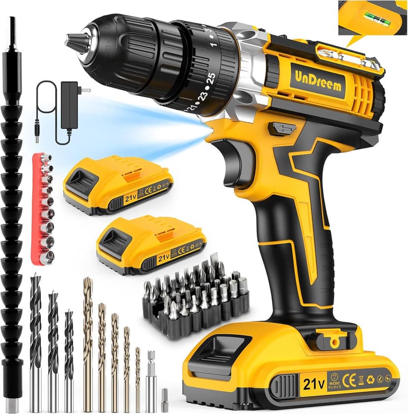 Power Drill, 21V Cordless Drill with 2 Batteries and Charger, 25+3 Position Power Drill Cordless, 398 In-lb Torque Electric Drill Set, Built in 3/8” Keyless Chuck Power Screwdriver with 56PCS Bits