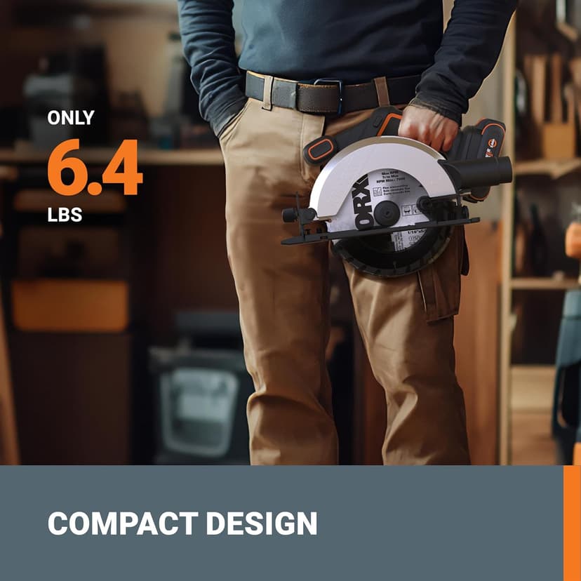 Worx 20V Cordless Electric Circular Saw 6-1/2'' Max. 2-3/16" Cutting Depth 4700 Rpm 0-50° Bevel Capacity 2.0 Ah Battery and Charger Included WX526L