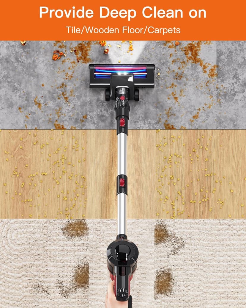 Cordless Vacuum Cleaner,30Kpa Cordless Stick Vacuum with 210W Brushless Motor, 45Mins Runtime, Detachable Battery, Lightweight Vacuum for Hard Floor, Carpet, Pet Hair