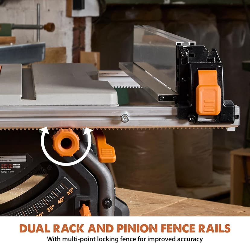 Evolution R10TBLX 10" Jobsite Table Saw with Wheeled Scissor Stand | 15A Motor | Multi-Material Cutting | 10" Blade | 26” Rip | 3-3/8” Depth | 0-45º Bevel | Precision Fence | Portable & Heavy-Duty