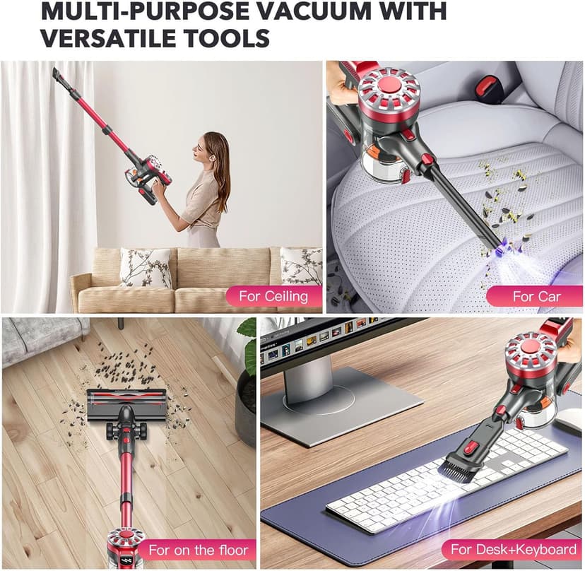 Cordless Vacuum Cleaners for Home with Powerful Suction,Stick Vacuum Cordless Rechargeable,Up to 35 Mins Runtime,Lightweight Hardwood Floor Vacuum for Pet Hair,Carpet(Light Red)