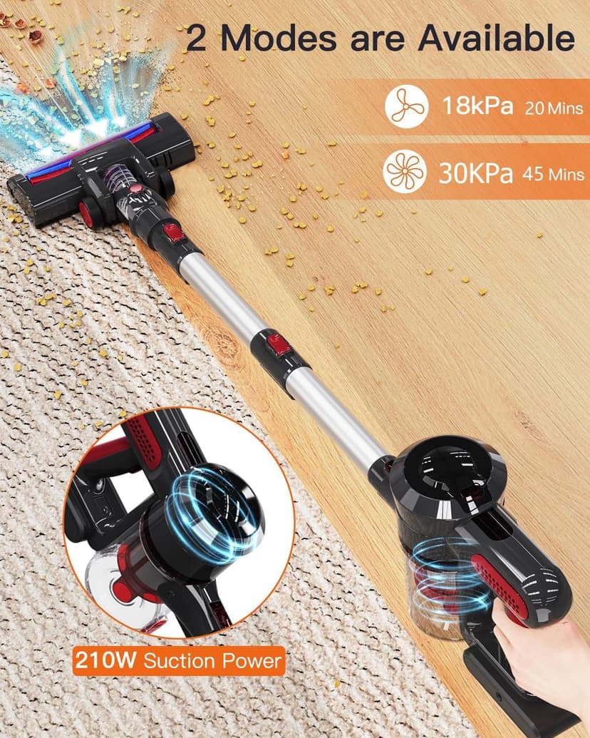 Cordless Vacuum Cleaner,30Kpa Cordless Stick Vacuum with 210W Brushless Motor, 45Mins Runtime, Detachable Battery, Lightweight Vacuum for Hard Floor, Carpet, Pet Hair