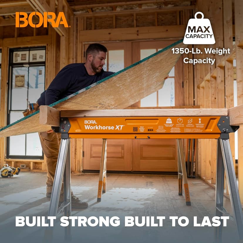 BORA Workhorse XT Saw Horses 2 Pack Folding Heavy Duty Adjustable Height Sawhorse Pair with Adjustable Legs, Heavy Duty Saw horse for Contractors Portable Workbench w/Built in Bottle opener PM-3360T