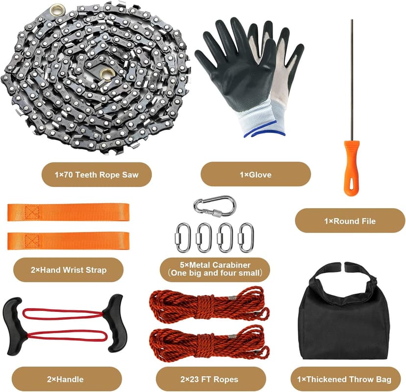 Rope Saw for Tree Limbs, 55 Inch Chain Saw with 70 Sharp Teeth & 46 Feet Ropes Kit, High Limb Pocket Chainsaw