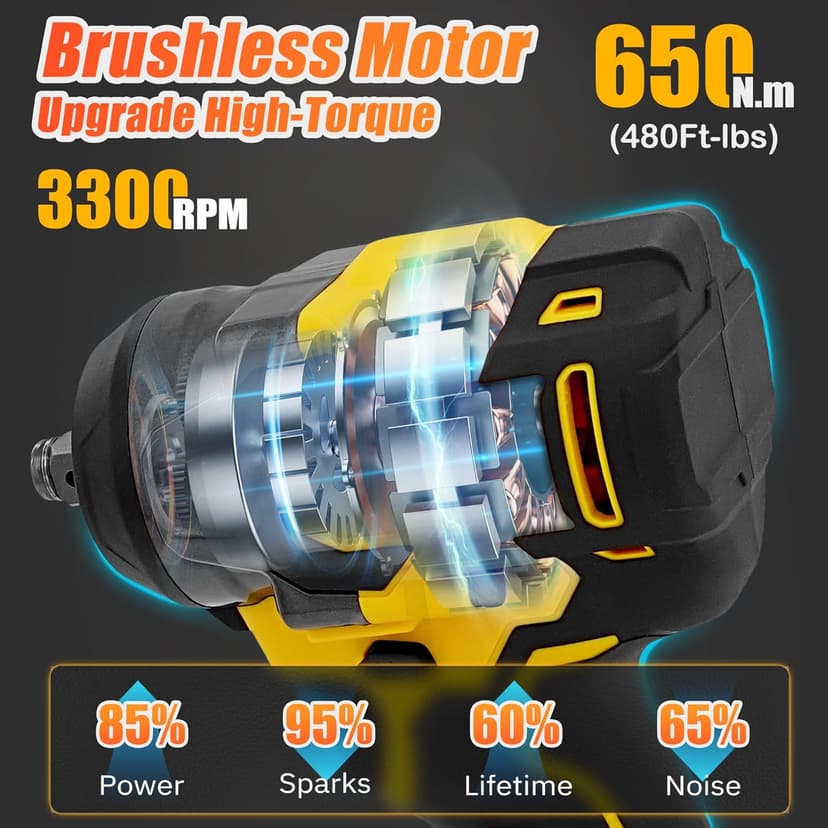 Cordless Impact Wrench 480 Ft-lbs(650N.m) High Torque 1/2 Inch, 3300RPM Brushless Electric Impact Gun, 2 * 4.0Ah Battery 4 Sockets 19 Drill Bits, 3 In 1 Impact Wrench for Car Home DIY