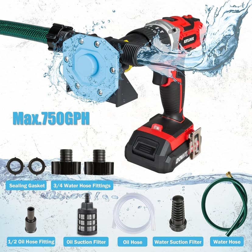 KITLUCK Hand Drill Pump, 750GPH Drill Powered Water Transfer Pump with Water Hose, Oil Tube and Adapter, Manual Water Pump for Drill, Small Self-Priming Electric Drill Pump for Water, Gasoline
