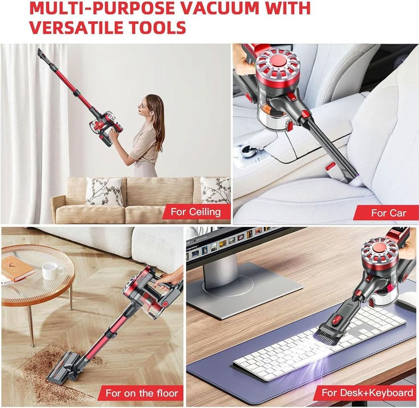 Cordless Vacuum Cleaner,Vacuum Cleaners for Home with Super Suction,Lightweight Stick Vacuum with 35 Mins Runtime,Rechargeable Cordless Vacuum for Carpet, Tile, Pet Hair, Hardwood Floors(Dark Red)