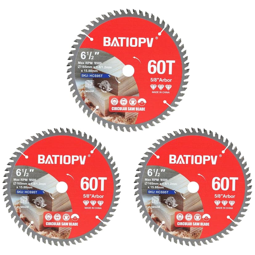Circular Saw Blades 6-1/2 Inch 3-Pack, 60T for Wood Cutting – Ideal for Hardwood, Plywood, Chipboard – Precision Carbide-Tipped Saw Blades for Smooth Finish