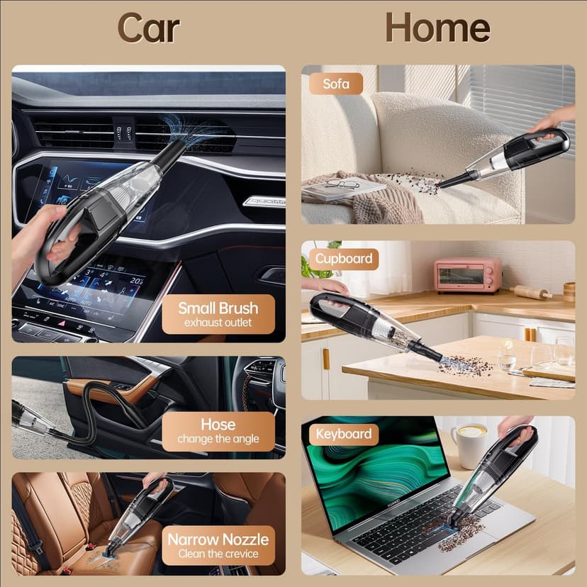 Handheld Vacuum Cordless Rechargeable 3-in-1, Car Vacuum with USB Charge, Handheld Vacuum with LED, HEPA Filter, 1.43 lbs Lightweight, Ideal for Car & Home Use